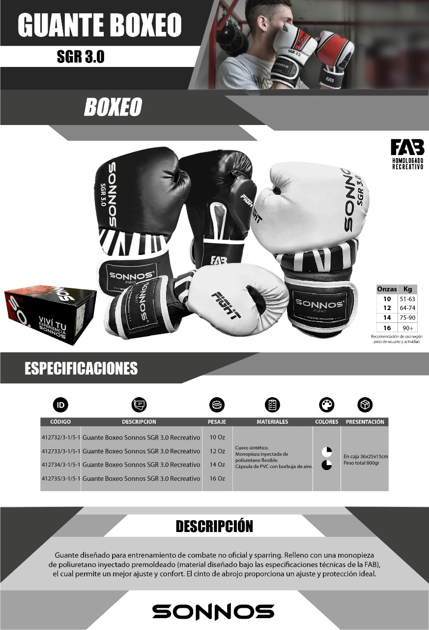 GUANTE BOXEO SONNOS SGR 3.0 10oz (HOMOLOGADO RECREATIVO)